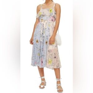 Topshop Floral Midi Dress in Pastel Blue and Pink